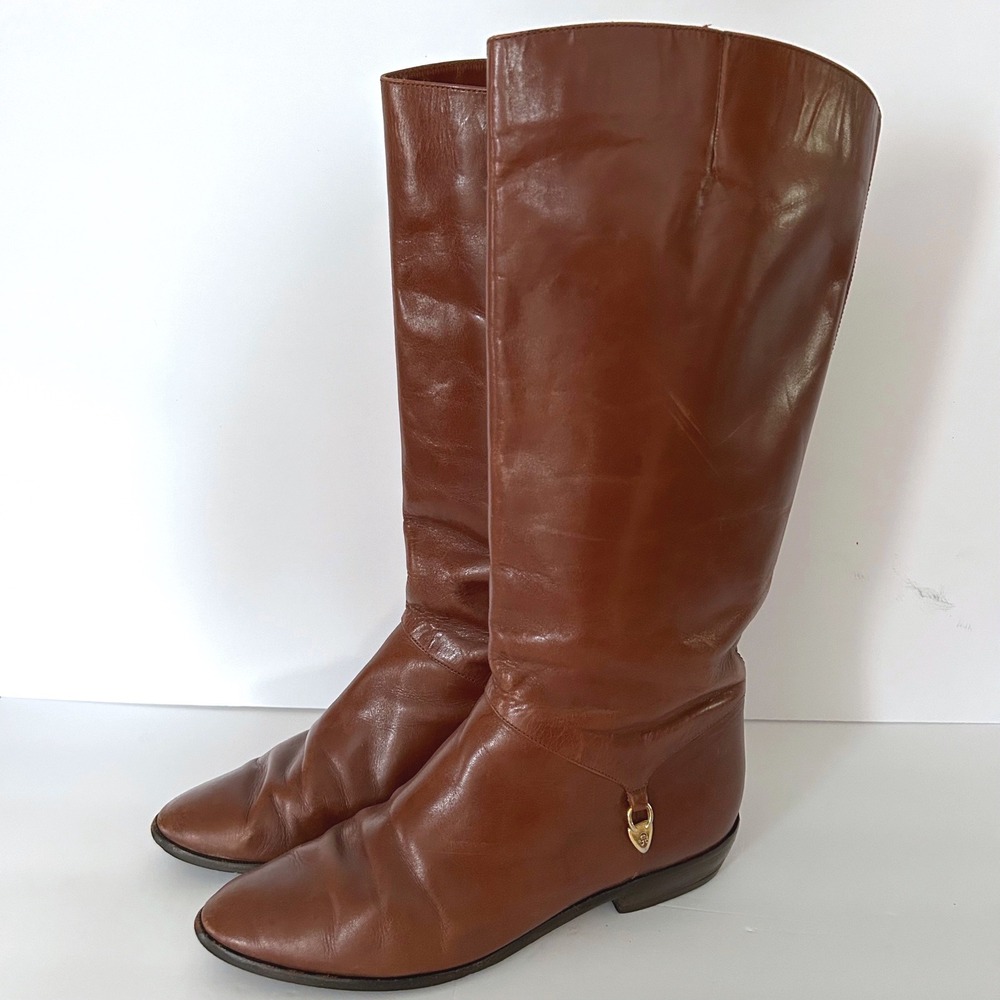 Vintage Etienne Aigner Riding Boots Women 8 Knee Tall Brown Leather Gold Classic